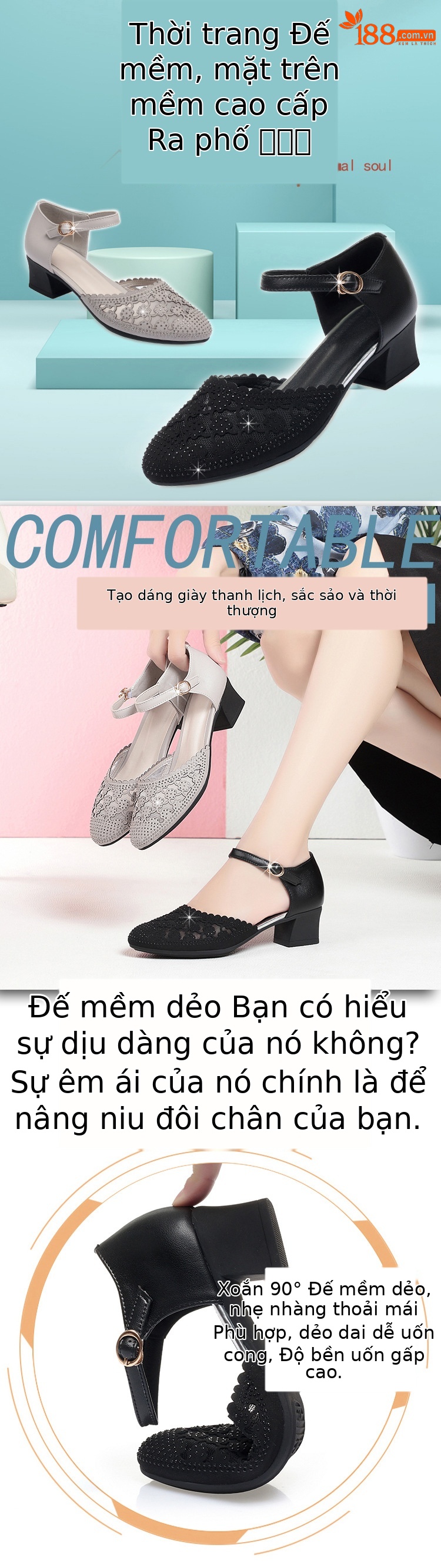 Sandal cao gót nữ quai ngang mũi nhọn đế thấp đính đá — màu đen chi tiết 1