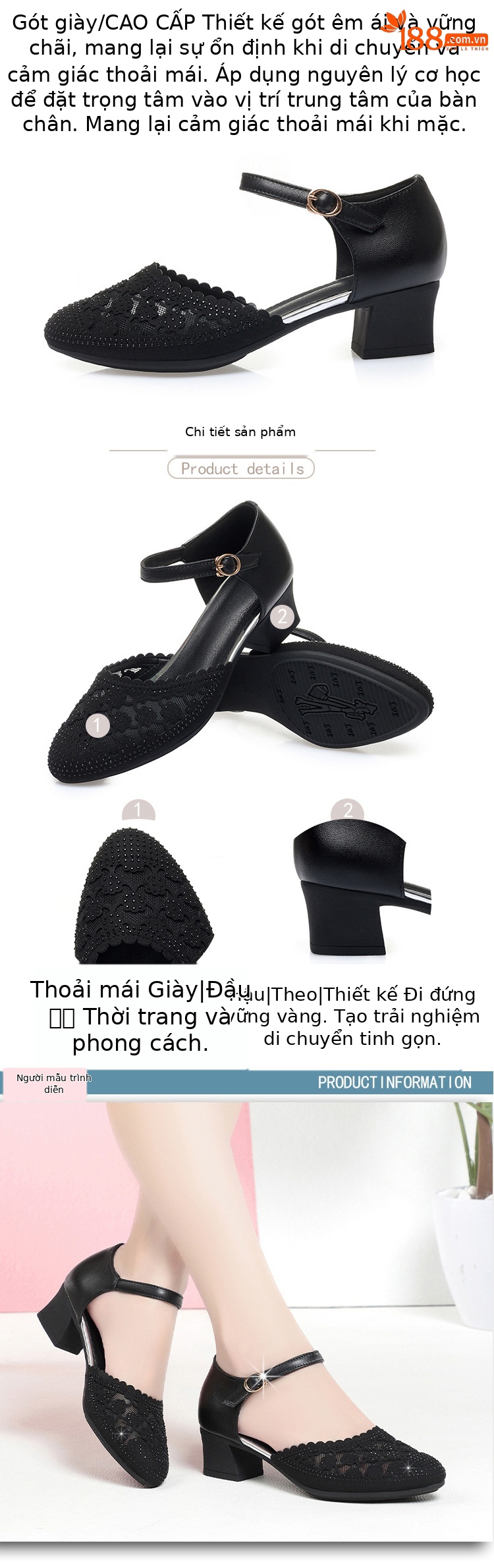 Sandal cao gót nữ quai ngang mũi nhọn đế thấp đính đá — màu đen chi tiết 2