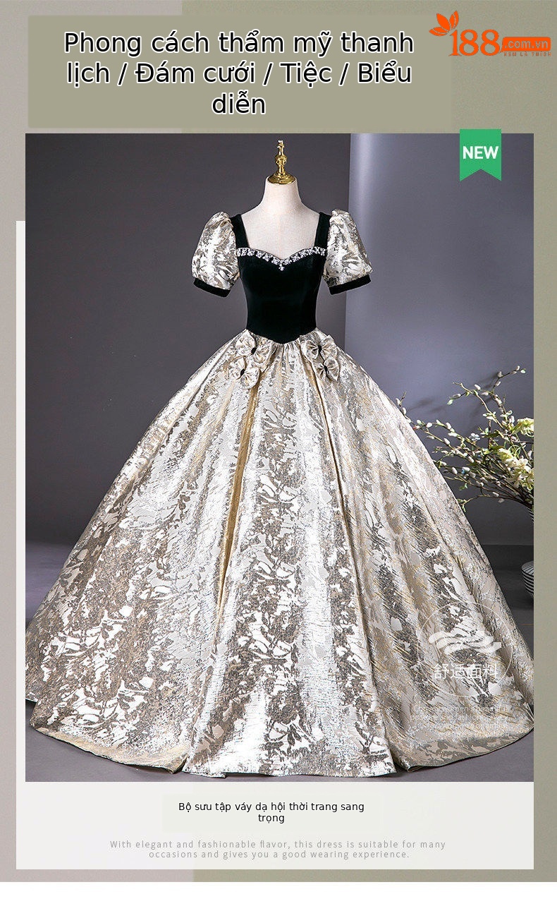 Đầm dạ hội maxi nữ thắt eo kiểu công chúa, tay phồng, chất liệu satin cao cấp — Đen vàng chi tiết 1