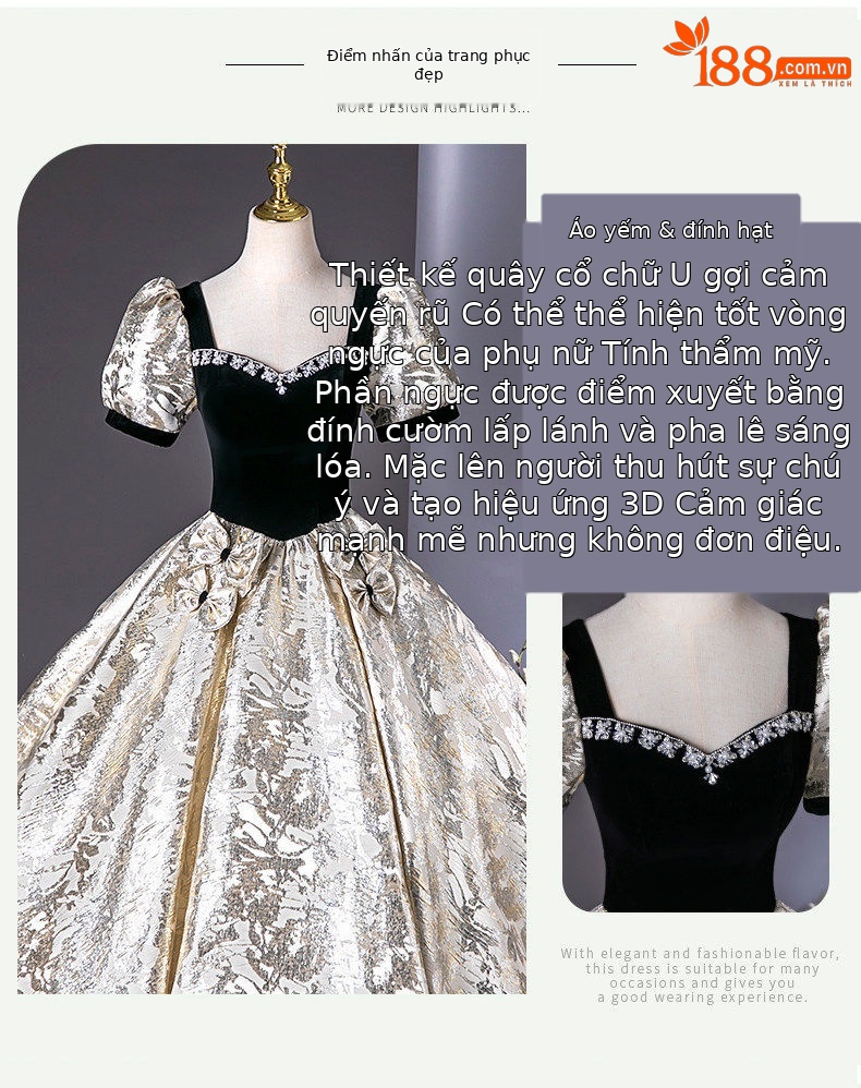 Đầm dạ hội maxi nữ thắt eo kiểu công chúa, tay phồng, chất liệu satin cao cấp — Đen vàng chi tiết 2