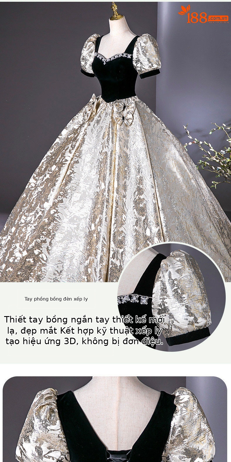 Đầm dạ hội maxi nữ thắt eo kiểu công chúa, tay phồng, chất liệu satin cao cấp — Đen vàng chi tiết 3