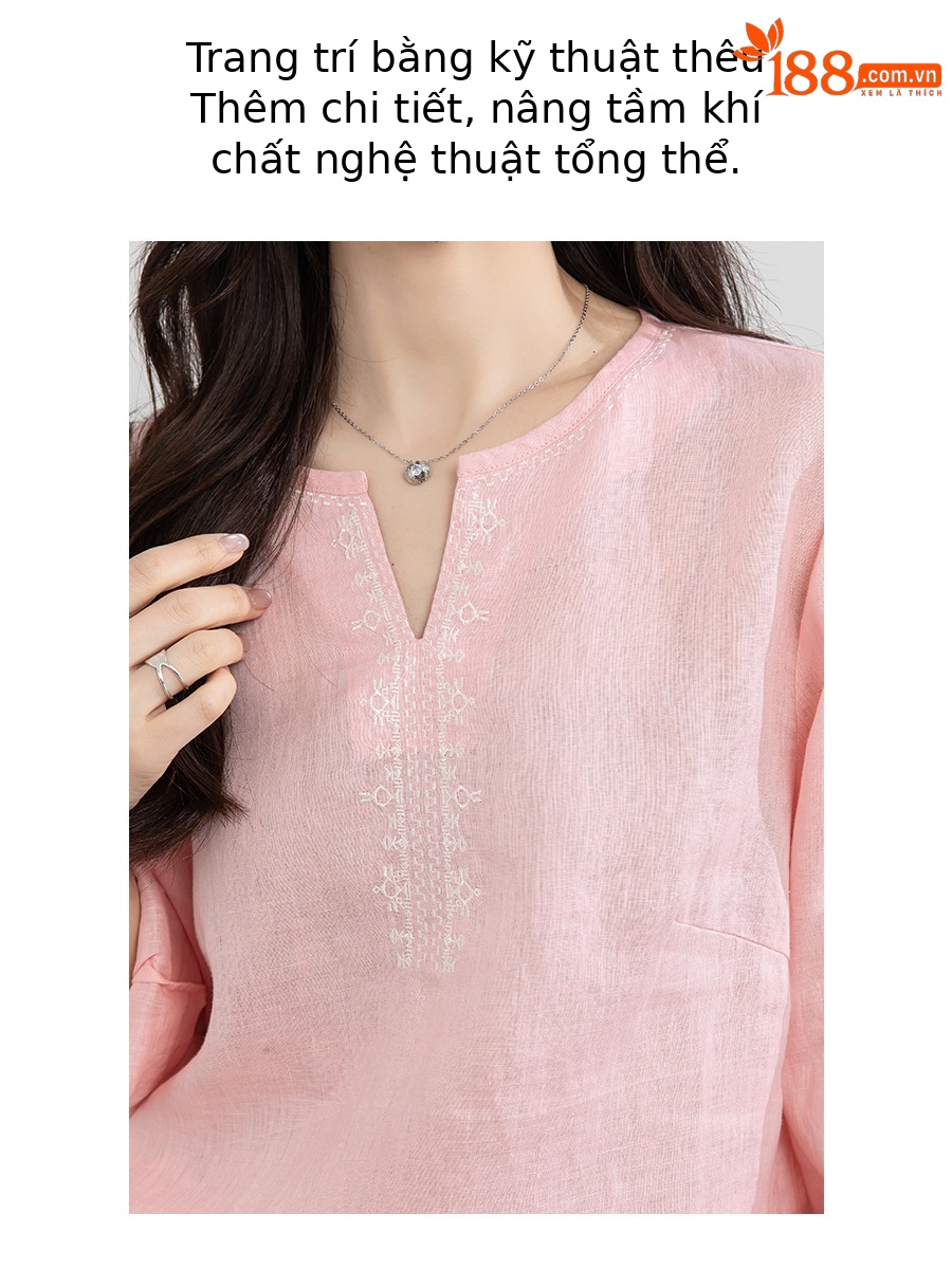 Áo sơ mi nữ linen cổ V thêu hoa tay lỡ rộng — Lời bài hát: Seventeen Sleeves