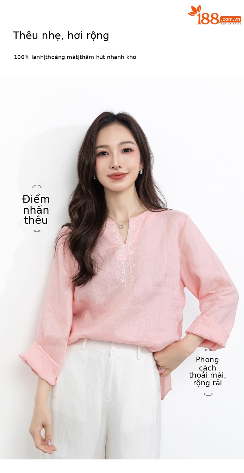 Áo sơ mi nữ linen cổ V thêu hoa tay lỡ rộng — Lời bài hát: Seventeen Sleeves chi tiết 1