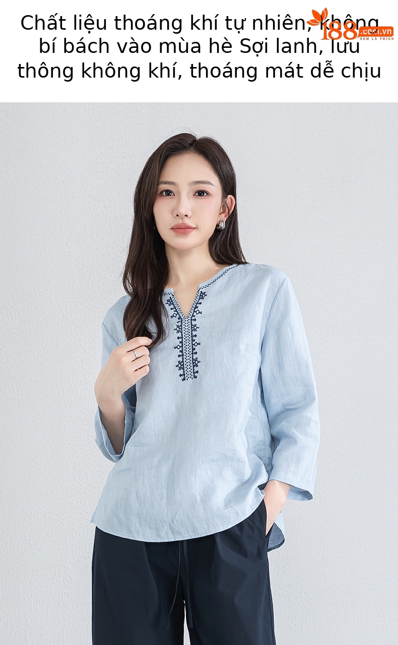 Áo sơ mi nữ linen cổ V thêu hoa tay lỡ rộng — Lời bài hát: Seventeen Sleeves chi tiết 5