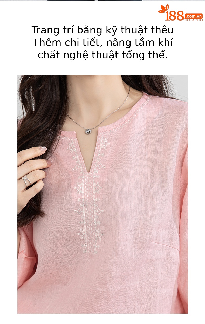 Áo sơ mi nữ linen cổ V thêu hoa tay lỡ rộng — Lời bài hát: Seventeen Sleeves chi tiết 6