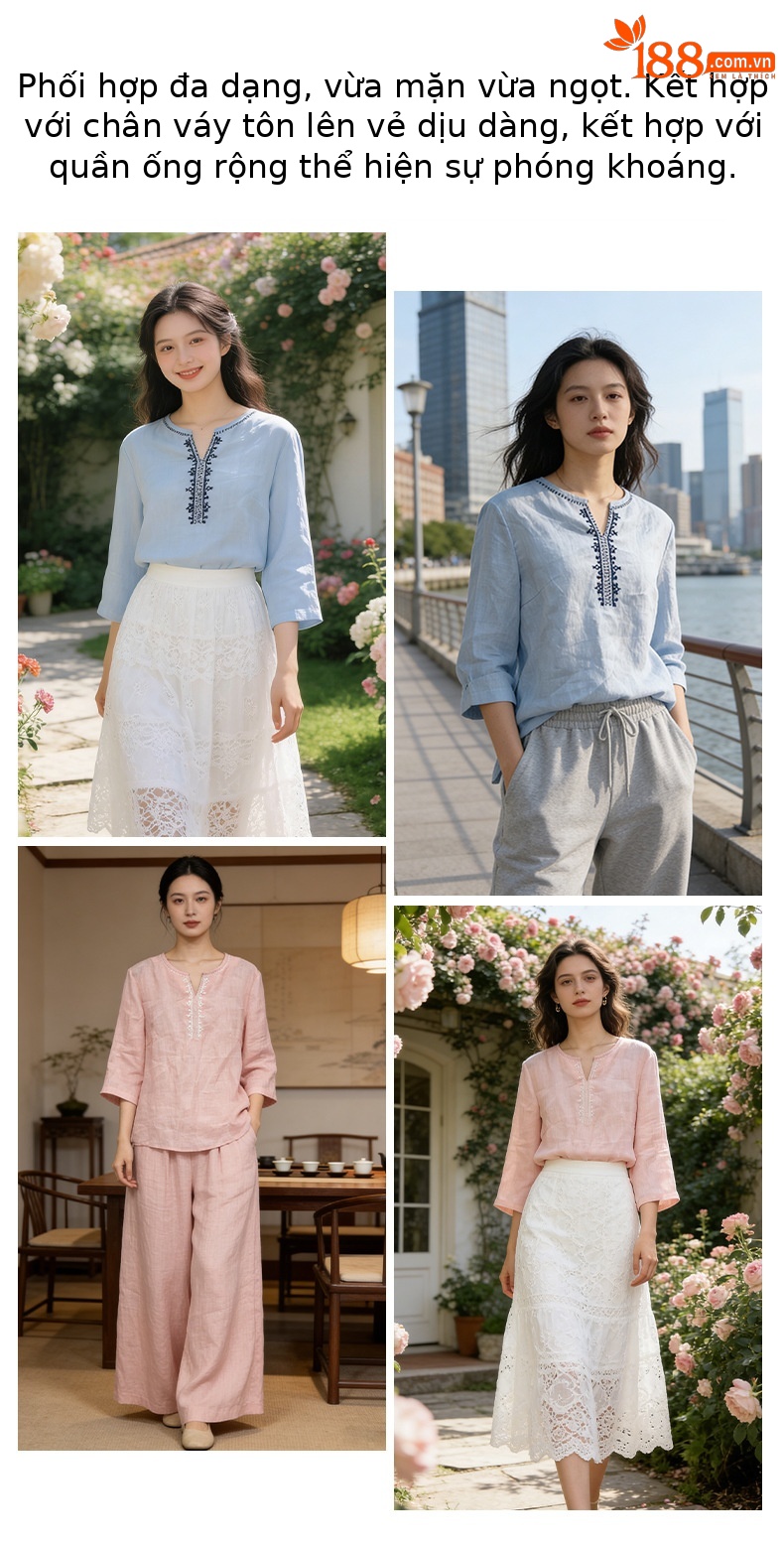 Áo sơ mi nữ linen cổ V thêu hoa tay lỡ rộng — Lời bài hát: Seventeen Sleeves chi tiết 7