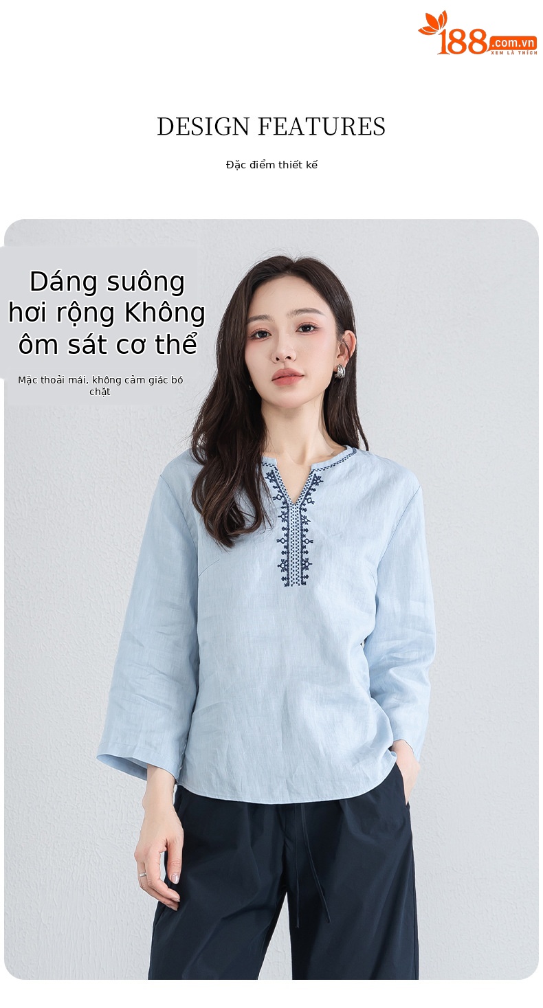 Áo sơ mi nữ linen cổ V thêu hoa tay lỡ rộng — Lời bài hát: Seventeen Sleeves chi tiết 8