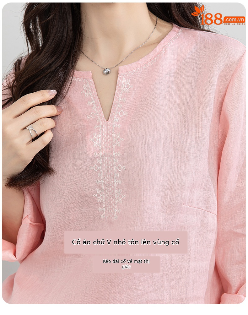 Áo sơ mi nữ linen cổ V thêu hoa tay lỡ rộng — Lời bài hát: Seventeen Sleeves chi tiết 9