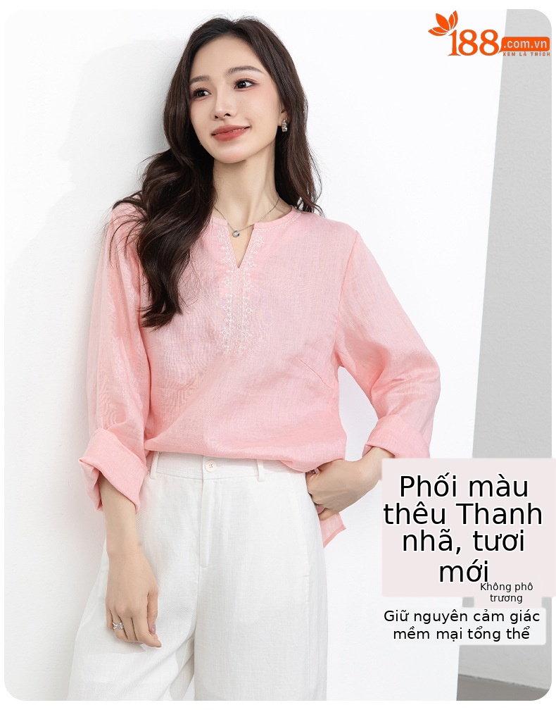 Áo sơ mi nữ linen cổ V thêu hoa tay lỡ rộng — Lời bài hát: Seventeen Sleeves chi tiết 10