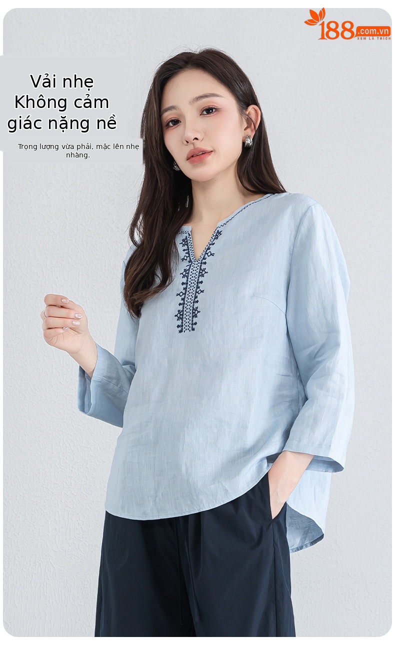 Áo sơ mi nữ linen cổ V thêu hoa tay lỡ rộng — Lời bài hát: Seventeen Sleeves chi tiết 11