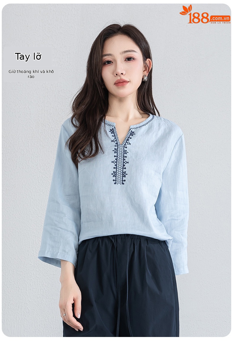 Áo sơ mi nữ linen cổ V thêu hoa tay lỡ rộng — Lời bài hát: Seventeen Sleeves chi tiết 13
