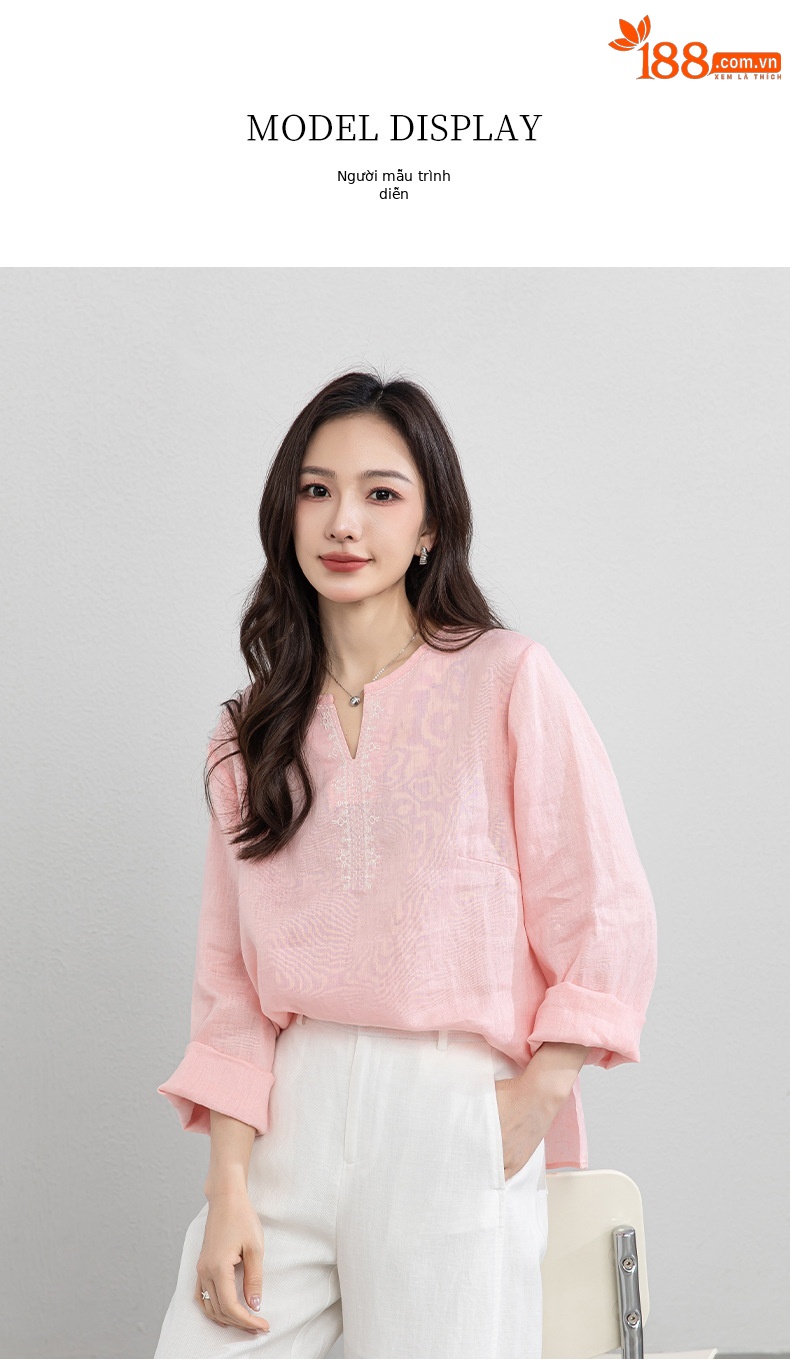 Áo sơ mi nữ linen cổ V thêu hoa tay lỡ rộng — Lời bài hát: Seventeen Sleeves chi tiết 17