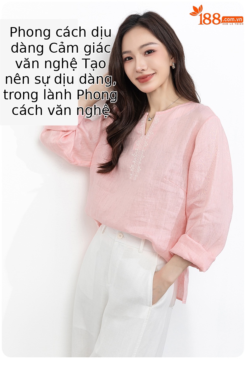 Áo sơ mi nữ linen cổ V thêu hoa tay lỡ rộng — Lời bài hát: Seventeen Sleeves chi tiết 12