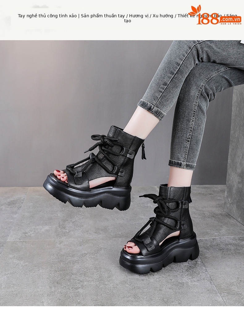 Sandal cao gót nữ mũi hở phong cách La Mã đế xuồng da thật quai buộc cổ điển — màu đen chi tiết 1