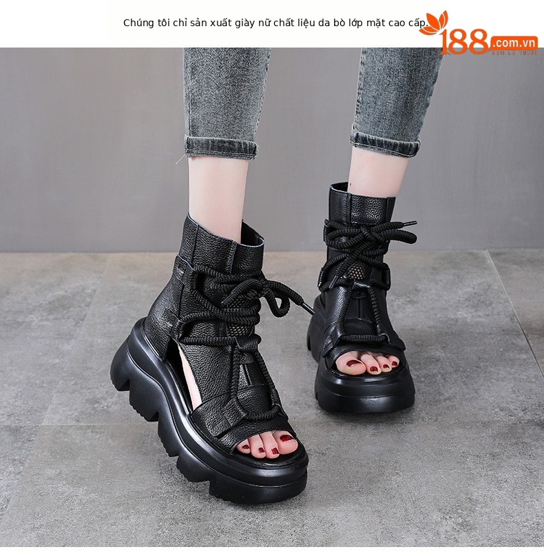 Sandal cao gót nữ mũi hở phong cách La Mã đế xuồng da thật quai buộc cổ điển — màu đen chi tiết 2