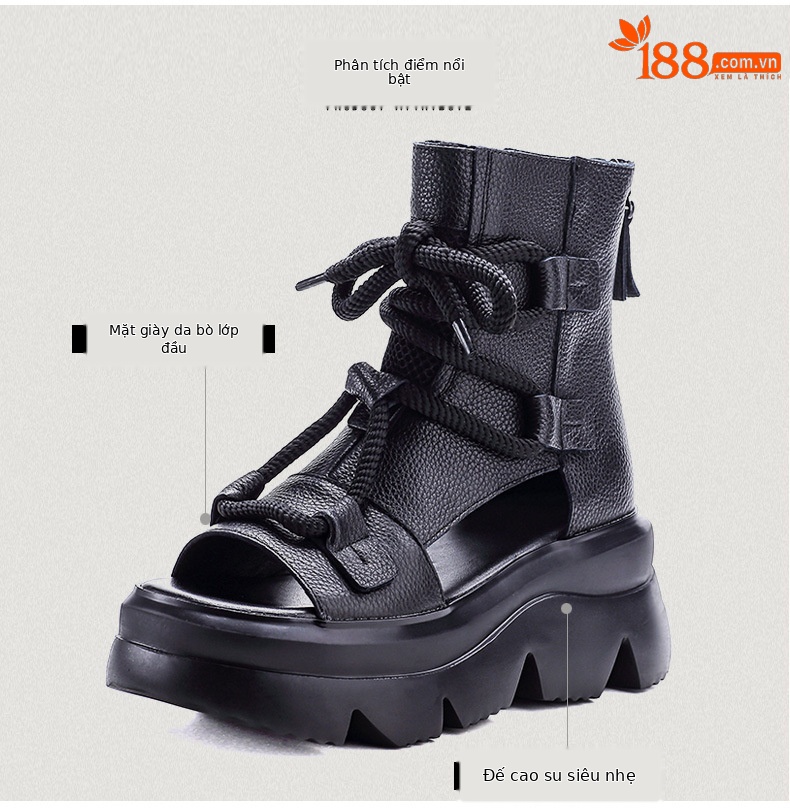 Sandal cao gót nữ mũi hở phong cách La Mã đế xuồng da thật quai buộc cổ điển — màu đen chi tiết 3