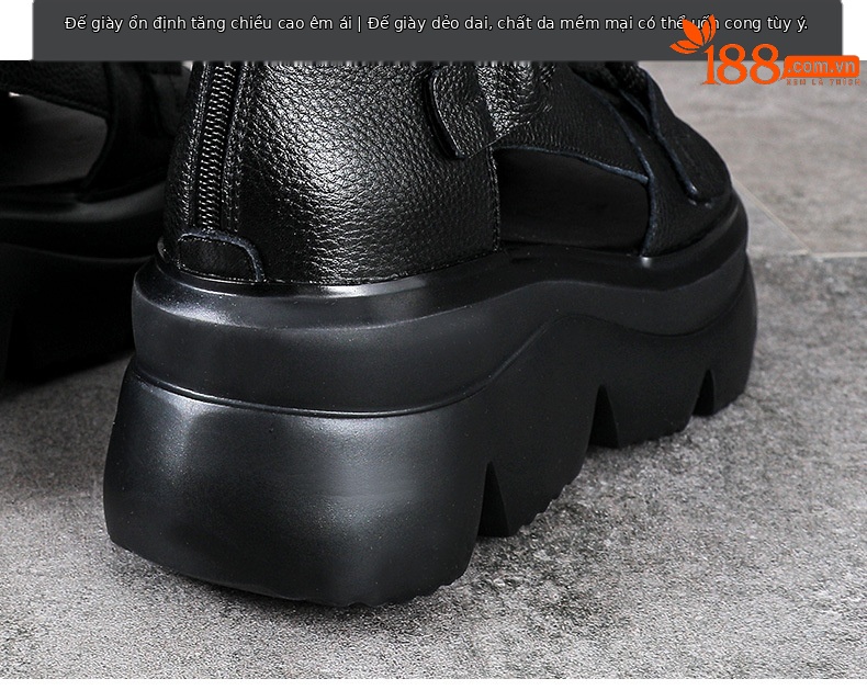 Sandal cao gót nữ mũi hở phong cách La Mã đế xuồng da thật quai buộc cổ điển — màu đen chi tiết 8