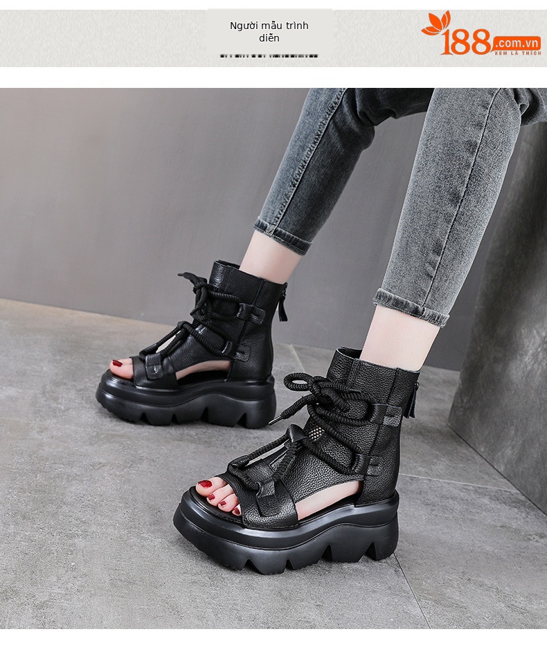 Sandal cao gót nữ mũi hở phong cách La Mã đế xuồng da thật quai buộc cổ điển — màu đen chi tiết 9