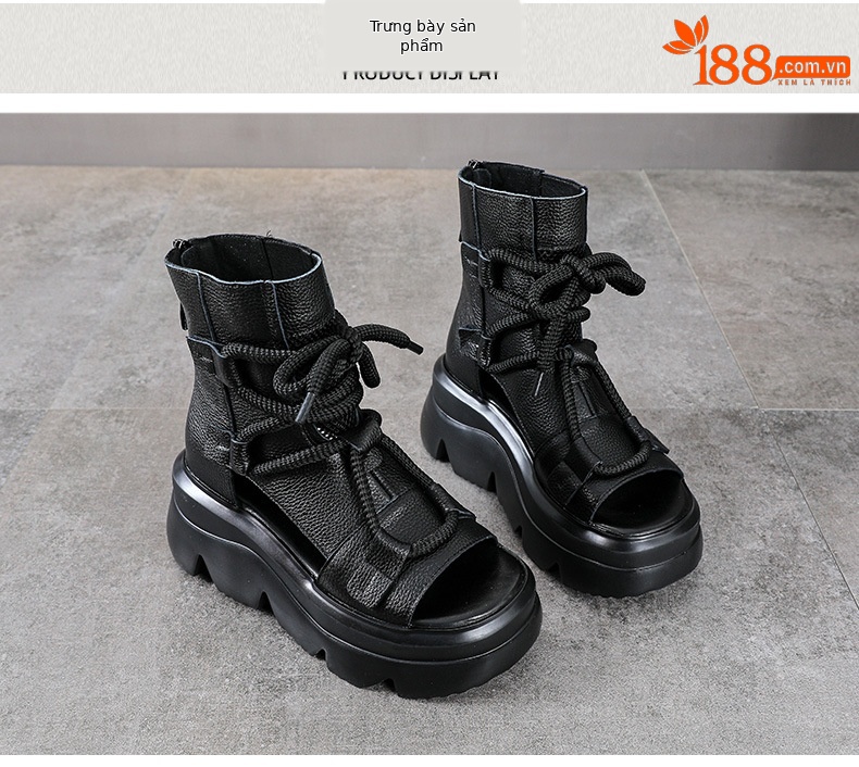 Sandal cao gót nữ mũi hở phong cách La Mã đế xuồng da thật quai buộc cổ điển — màu đen chi tiết 10