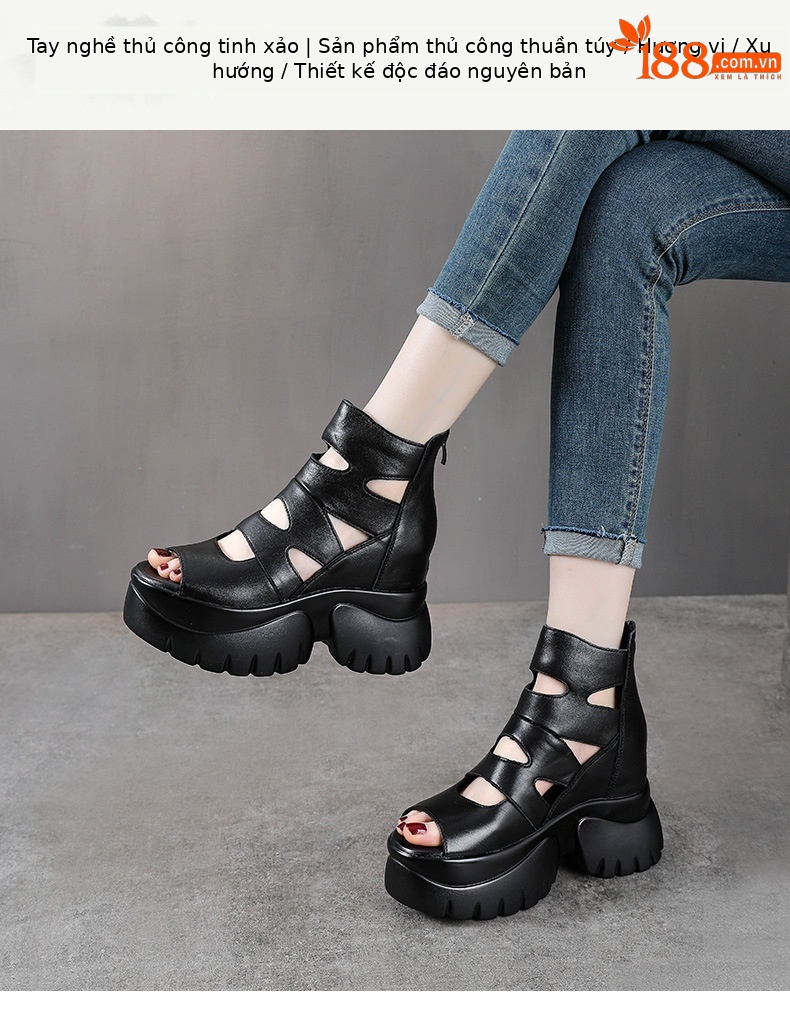 Giày sandal cao gót nữ hở mũi da bò thật đế dày tăng chiều cao — màu đen chi tiết 1