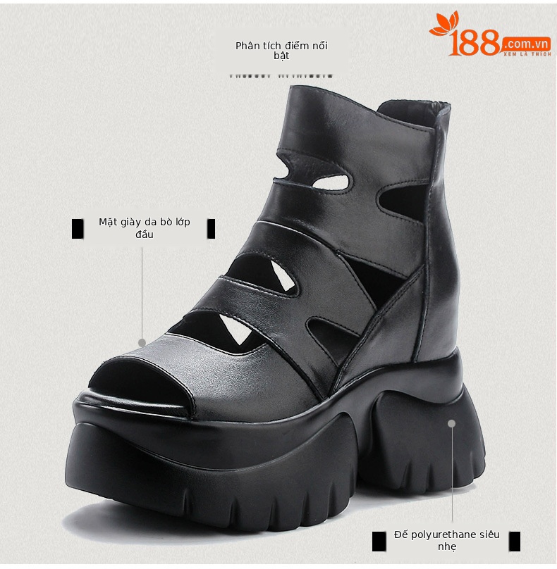 Giày sandal cao gót nữ hở mũi da bò thật đế dày tăng chiều cao — màu đen chi tiết 3