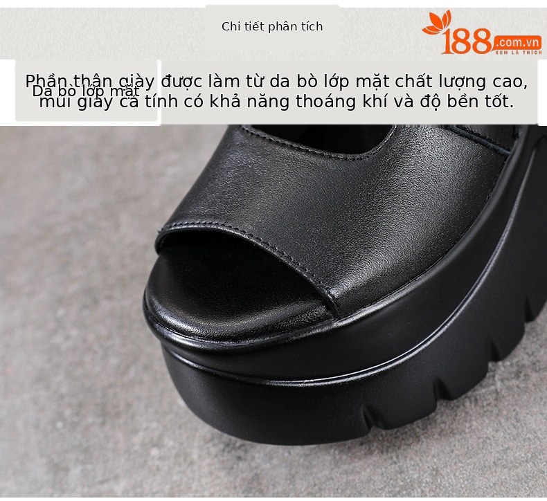 Giày sandal cao gót nữ hở mũi da bò thật đế dày tăng chiều cao — màu đen chi tiết 4