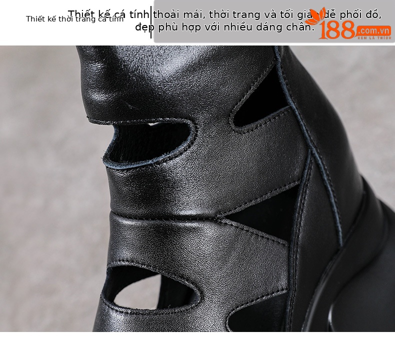 Giày sandal cao gót nữ hở mũi da bò thật đế dày tăng chiều cao — màu đen chi tiết 5