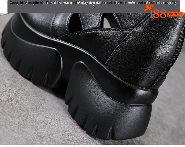Giày sandal cao gót nữ hở mũi da bò thật đế dày tăng chiều cao — màu đen chi tiết 8