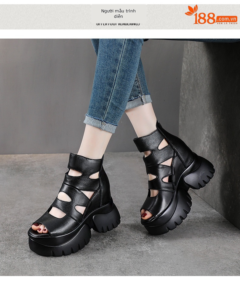 Giày sandal cao gót nữ hở mũi da bò thật đế dày tăng chiều cao — màu đen chi tiết 9