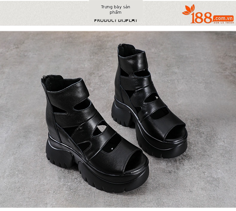 Giày sandal cao gót nữ hở mũi da bò thật đế dày tăng chiều cao — màu đen chi tiết 10