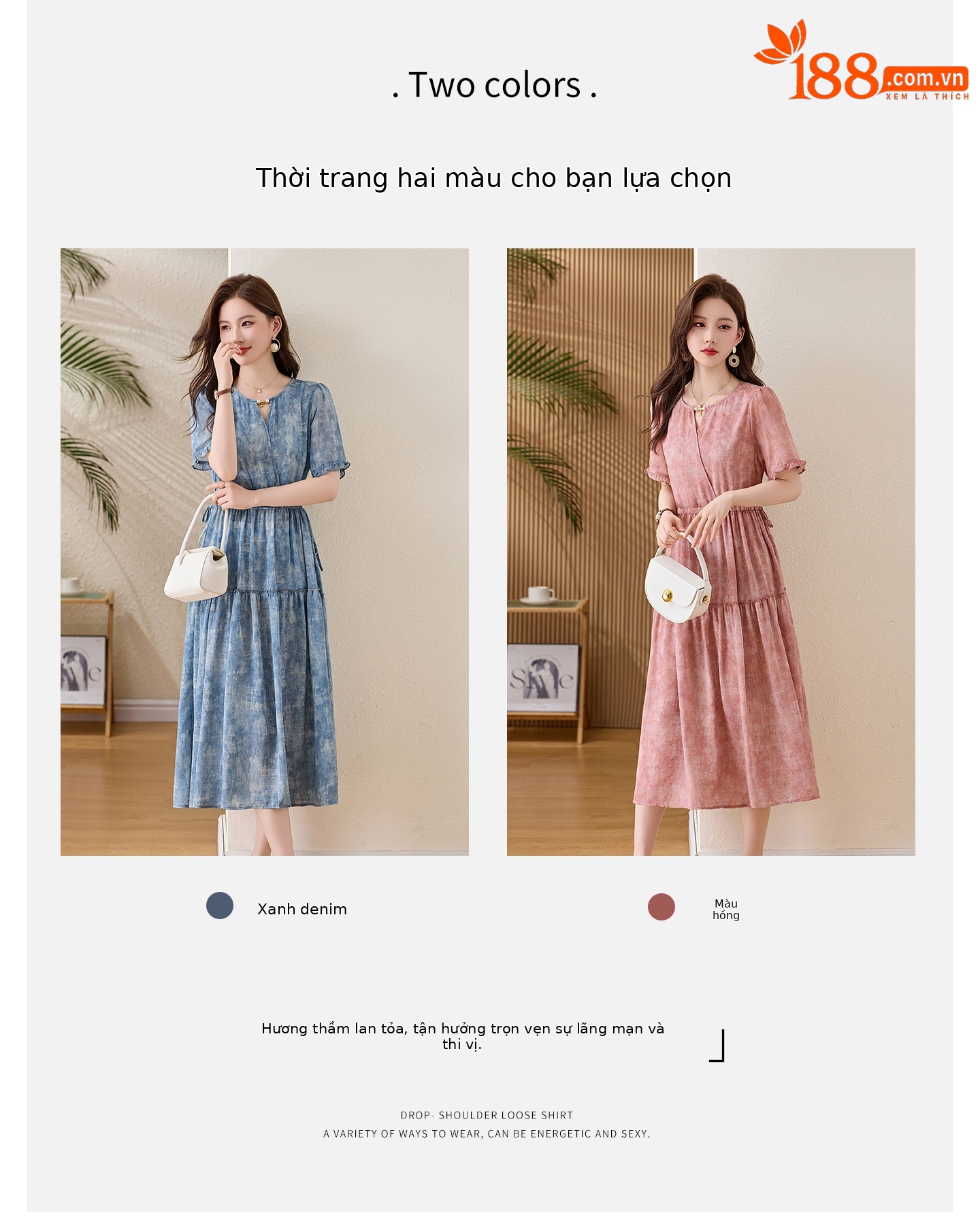 Đầm maxi nữ thắt eo cổ V tay ngắn họa tiết hoa dáng dài GT8207 — xanh lam, Màu hồng chi tiết 3