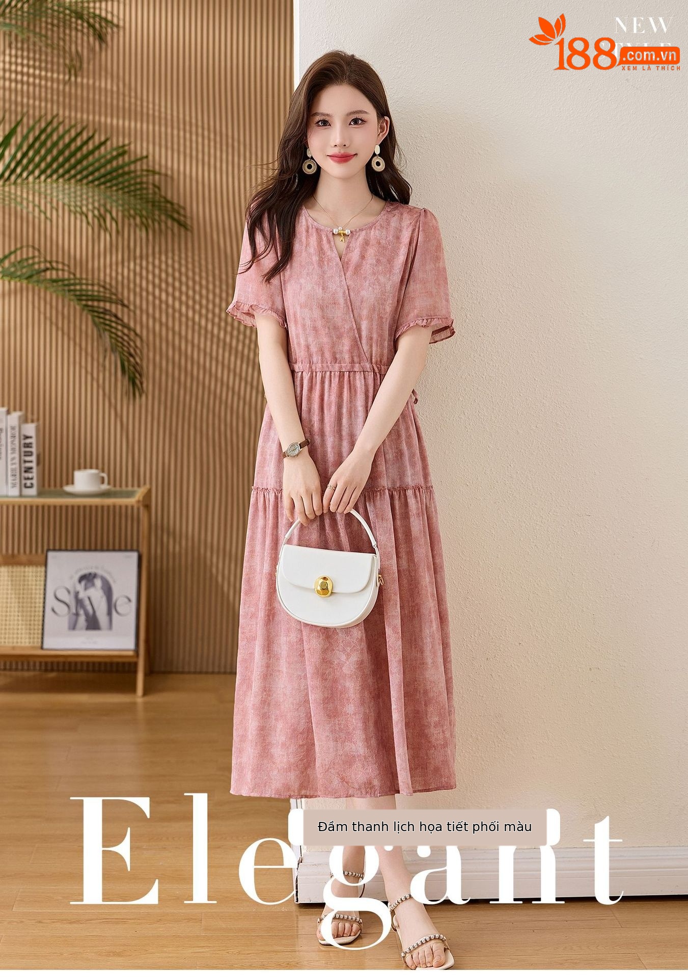 Đầm maxi nữ thắt eo cổ V tay ngắn họa tiết hoa dáng dài GT8207 — xanh lam, Màu hồng chi tiết 8