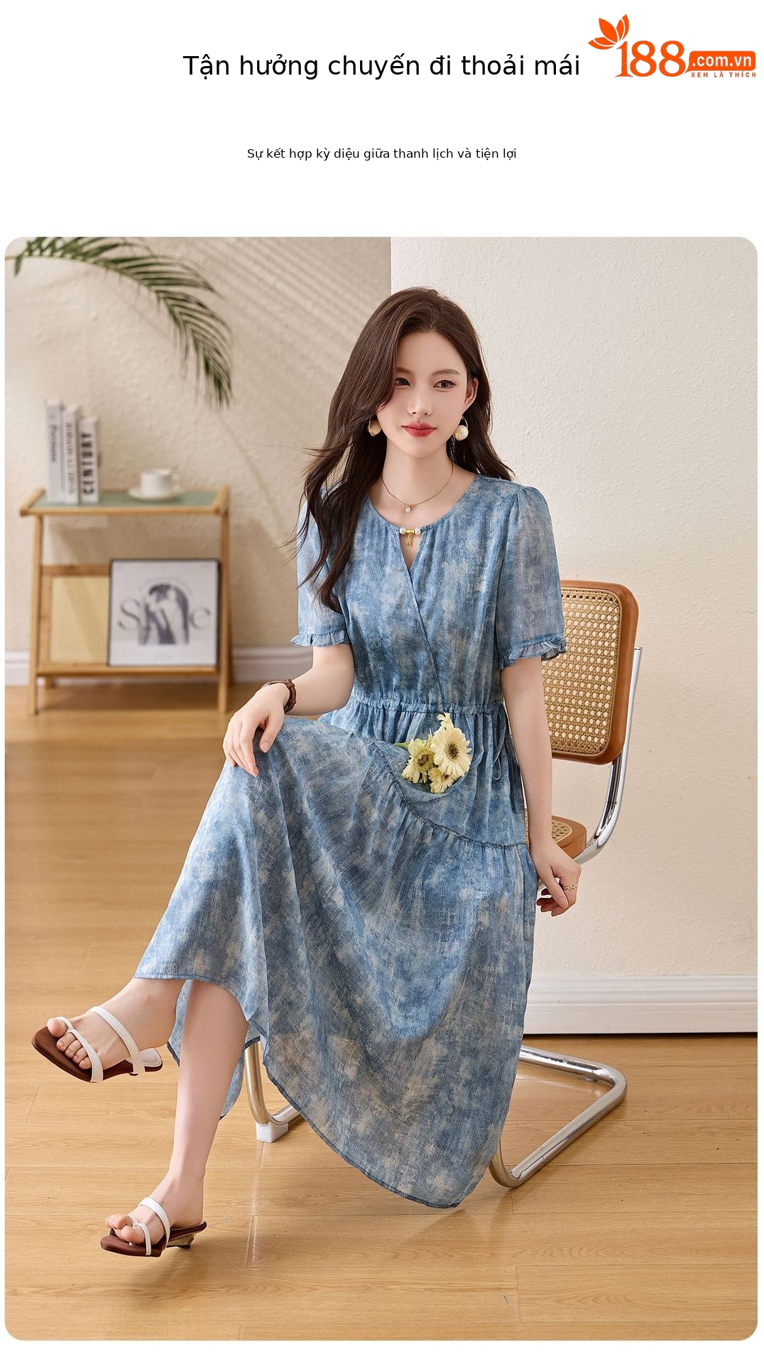 Đầm maxi nữ thắt eo cổ V tay ngắn họa tiết hoa dáng dài GT8207 — xanh lam, Màu hồng chi tiết 9