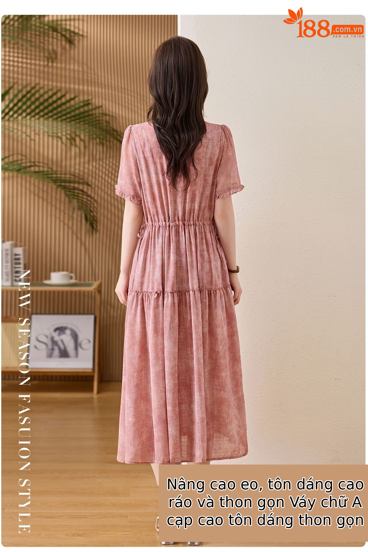 Đầm maxi nữ thắt eo cổ V tay ngắn họa tiết hoa dáng dài GT8207 — xanh lam, Màu hồng chi tiết 10