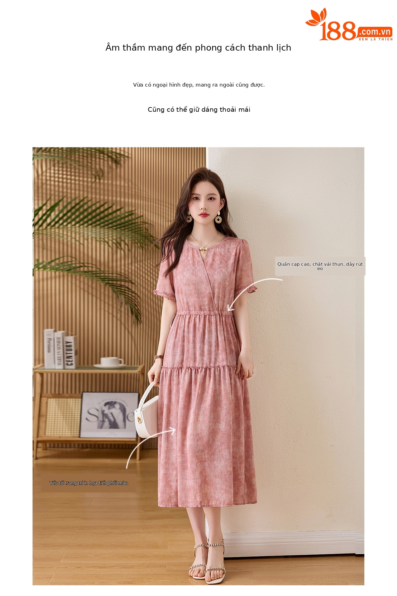 Đầm maxi nữ thắt eo cổ V tay ngắn họa tiết hoa dáng dài GT8207 — xanh lam, Màu hồng chi tiết 4