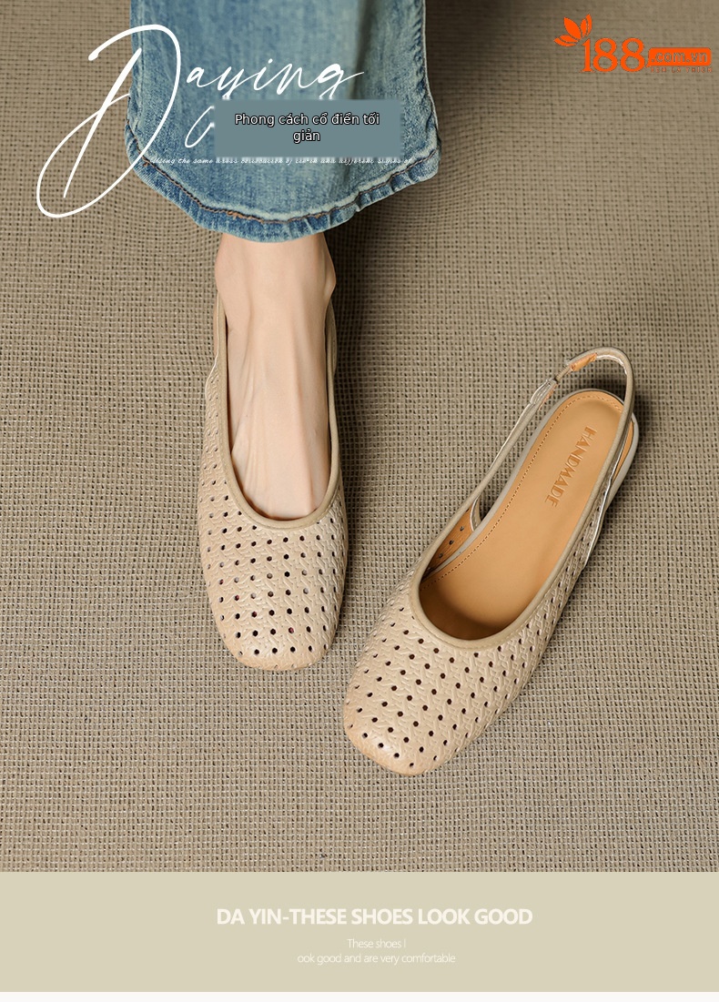 Sandal nữ đế bệt mũi bọc da bò, quai sau hở, phong cách vintage đan lỗ — đen chi tiết 2