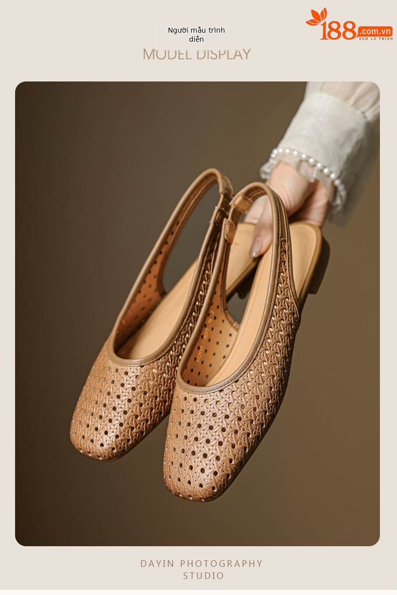Sandal nữ đế bệt mũi bọc da bò, quai sau hở, phong cách vintage đan lỗ — đen chi tiết 5