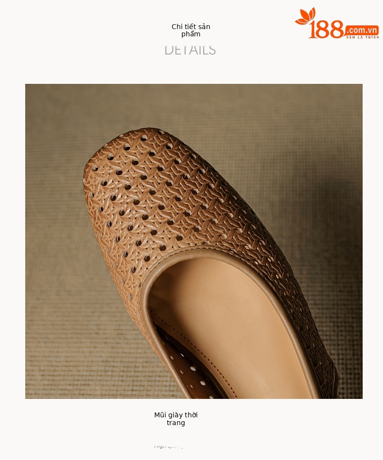 Sandal nữ đế bệt mũi bọc da bò, quai sau hở, phong cách vintage đan lỗ — đen chi tiết 20