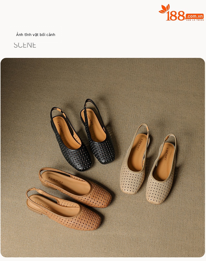 Sandal nữ đế bệt mũi bọc da bò, quai sau hở, phong cách vintage đan lỗ — đen chi tiết 24