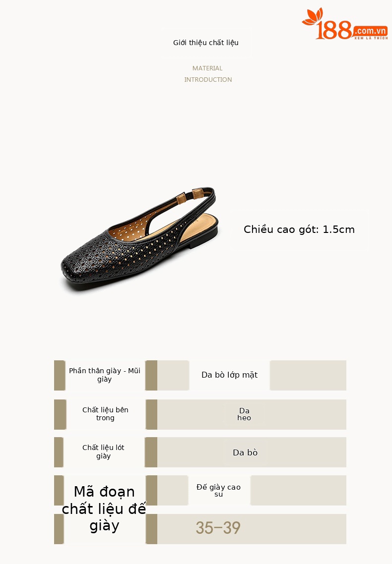 Sandal nữ đế bệt mũi bọc da bò, quai sau hở, phong cách vintage đan lỗ — đen chi tiết 3