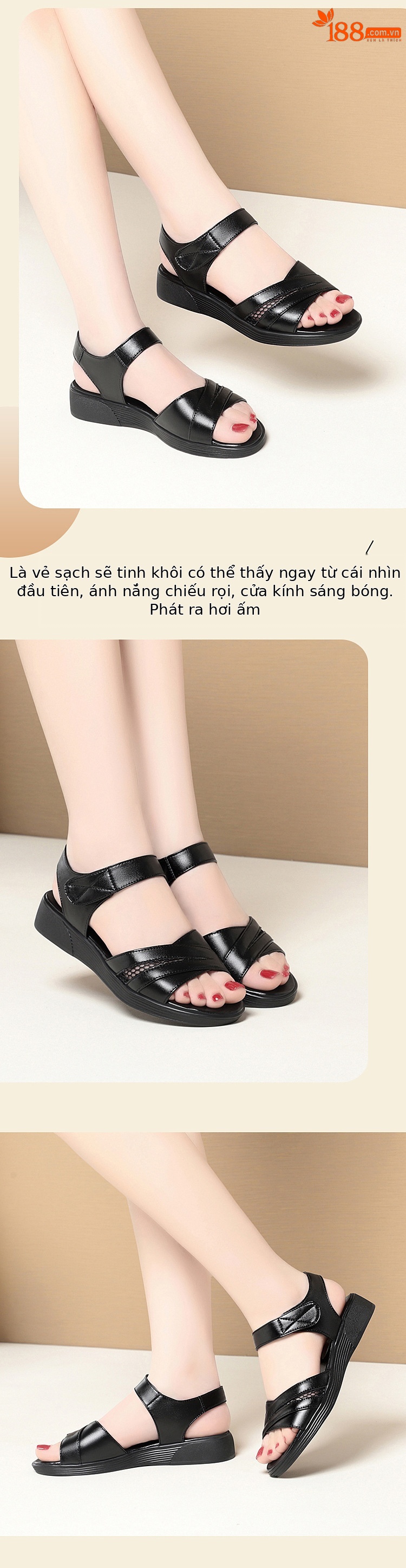 Sandal nữ đế bệt da thật mềm, đế cao su bền bỉ, thoải mái cho chân rộng — màu đen chi tiết 3