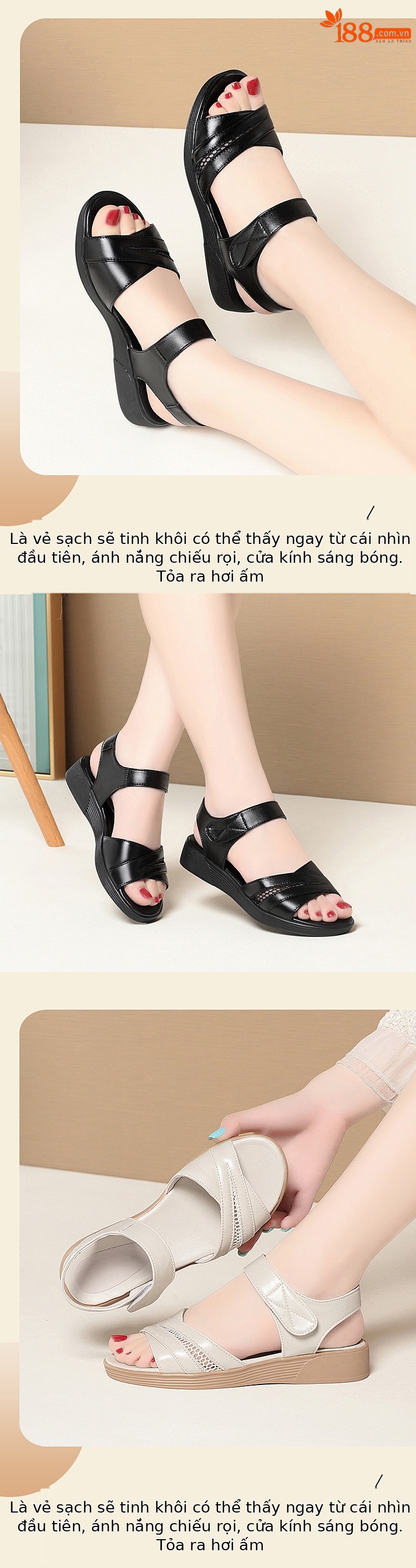 Sandal nữ đế bệt da thật mềm, đế cao su bền bỉ, thoải mái cho chân rộng — màu đen chi tiết 4