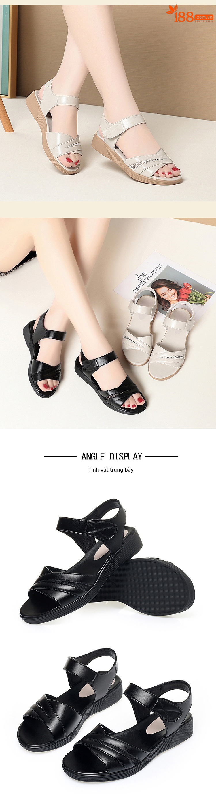 Sandal nữ đế bệt da thật mềm, đế cao su bền bỉ, thoải mái cho chân rộng — màu đen chi tiết 6