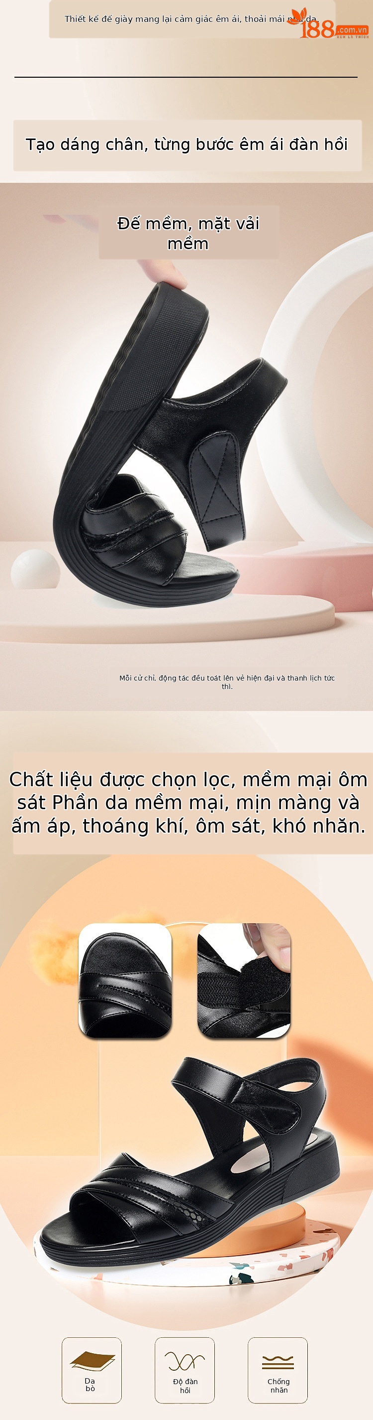 Sandal nữ đế bệt da thật mềm, đế cao su bền bỉ, thoải mái cho chân rộng — màu đen chi tiết 1