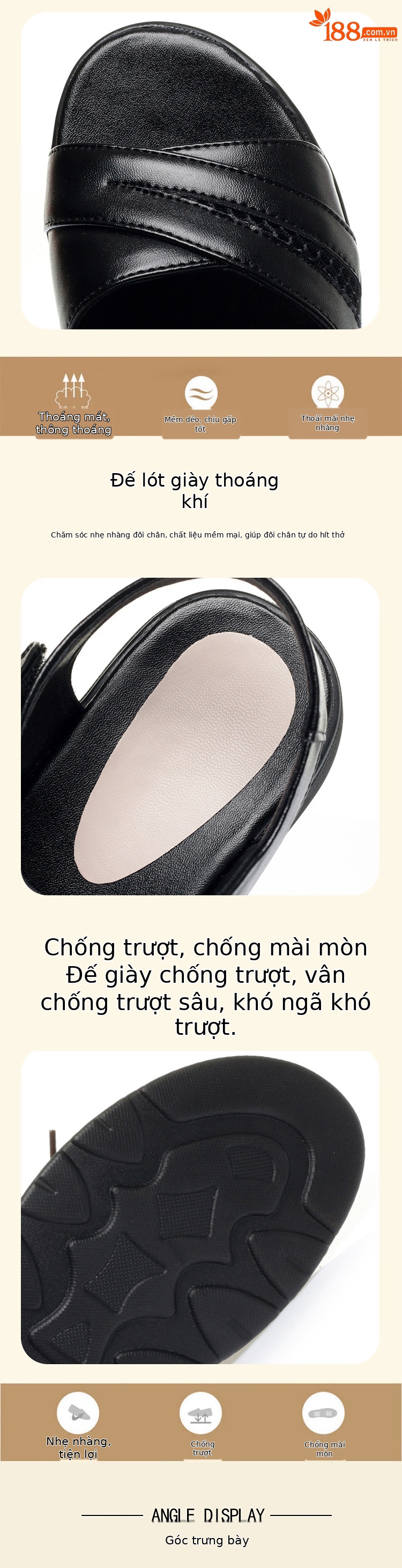 Sandal nữ đế bệt da thật mềm, đế cao su bền bỉ, thoải mái cho chân rộng — màu đen chi tiết 2
