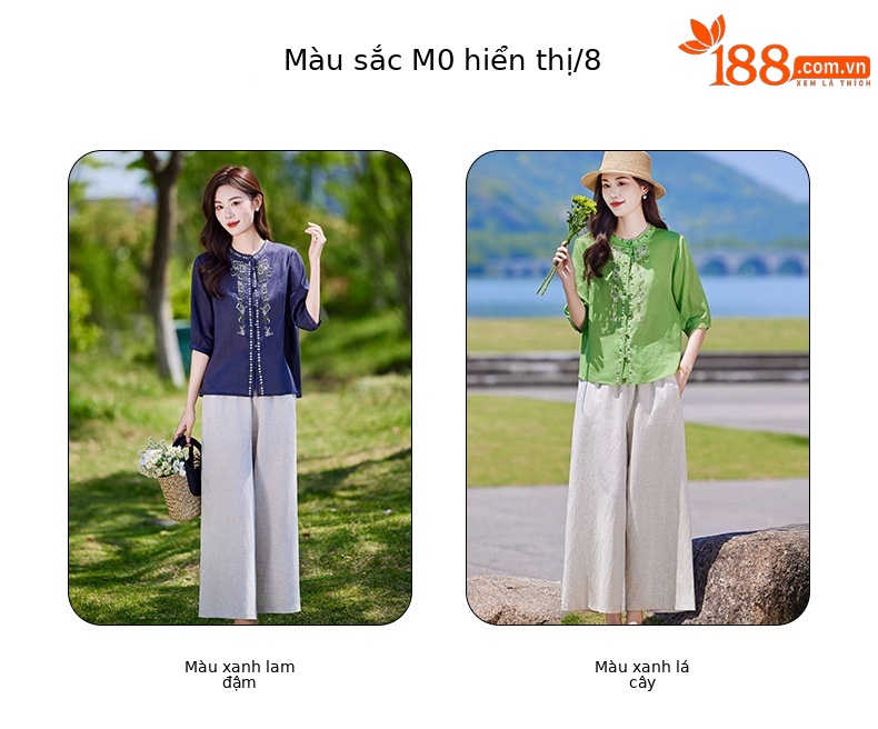 Bộ quần áo hai mảnh mùa hè 2026: sơ mi tay lửng thêu họa tiết kết hợp quần ống rộng — Xanh lông mòng đen, xanh lá cây chi tiết 7