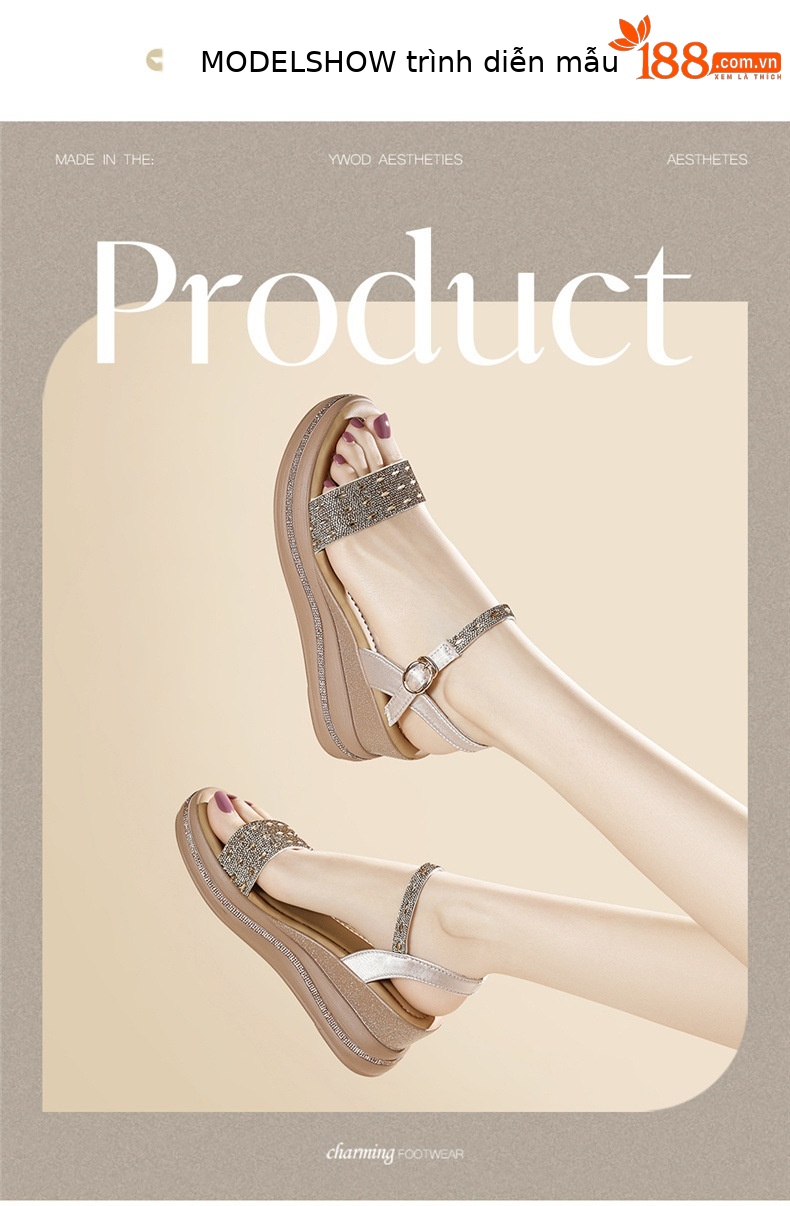 Giày sandal cao gót nữ hở mũi đính đá đế dày tăng chiều cao — 6120 Da đen, 6120 Vàng chi tiết 4