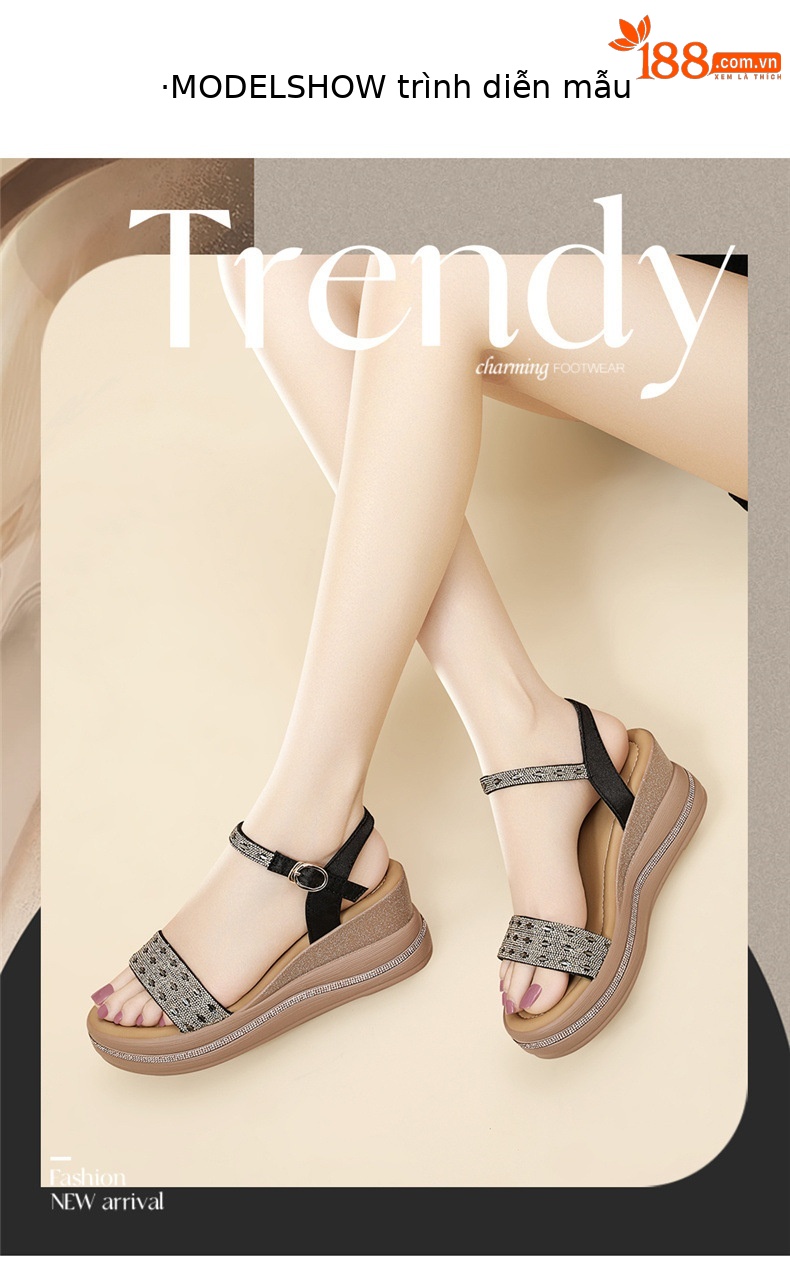 Giày sandal cao gót nữ hở mũi đính đá đế dày tăng chiều cao — 6120 Da đen, 6120 Vàng chi tiết 5