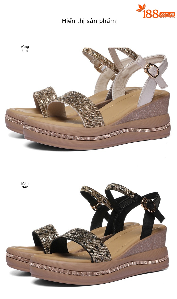 Giày sandal cao gót nữ hở mũi đính đá đế dày tăng chiều cao — 6120 Da đen, 6120 Vàng chi tiết 14