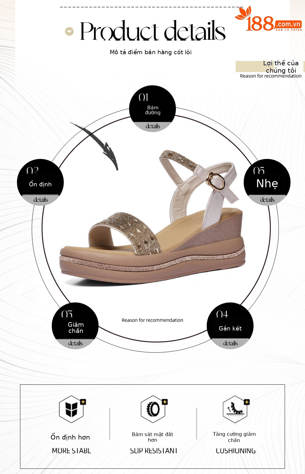 Giày sandal cao gót nữ hở mũi đính đá đế dày tăng chiều cao — 6120 Da đen, 6120 Vàng chi tiết 2